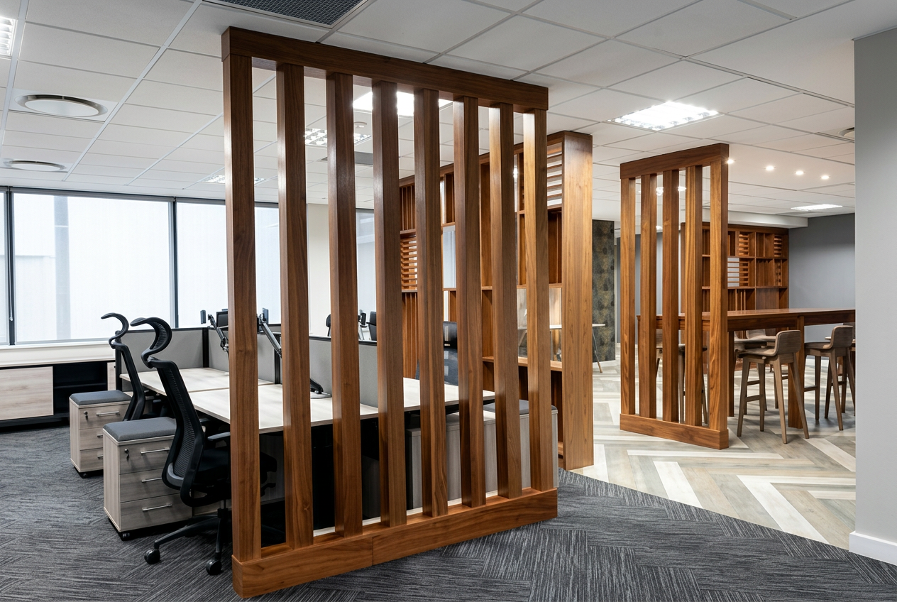 Bespoke timber partitions framing an open workspace — joinery designed and overseen by TH Design.